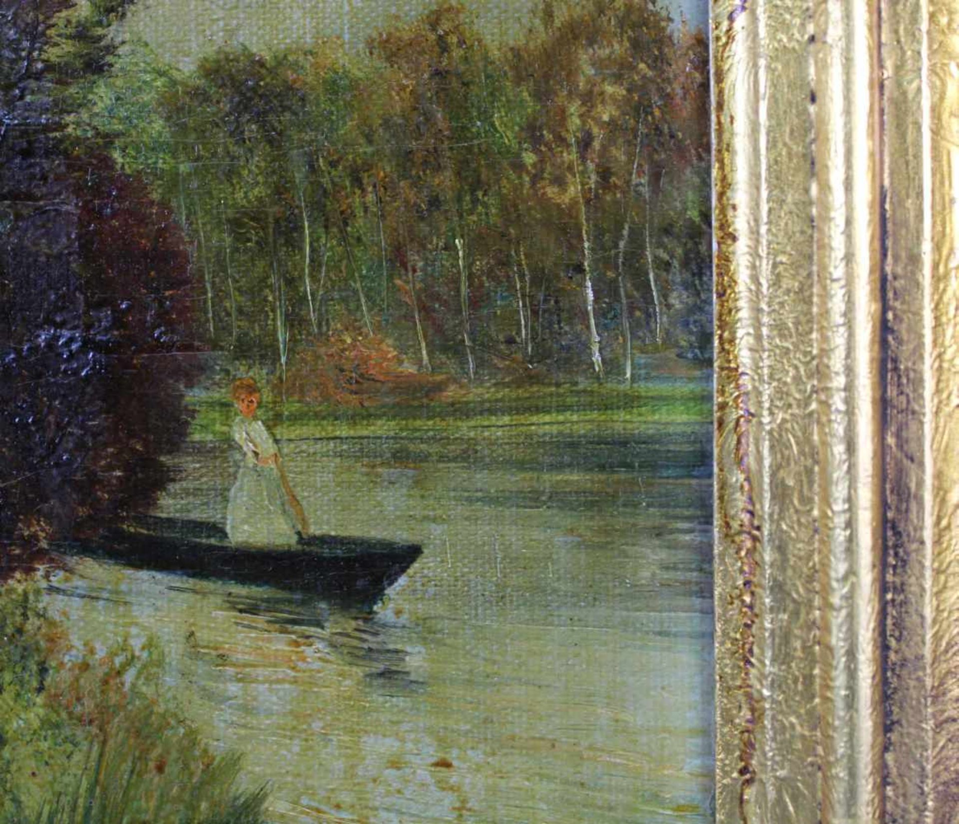 UNDEUTLICH SIGNIERT (XIX - XX). Frau im Boot.60 cm x 40 cm. Gemälde. Öl auf Leinwand. Links unten - Bild 4 aus 7