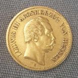 Goldmünze, 10 Mark, Ludwig der Dritte, Großherzog von Hessen.3,9 Gramm. Deutsches Reich.Gold Coin,