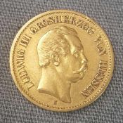 Goldmünze, 10 Mark, Ludwig der Dritte, Großherzog von Hessen.3,9 Gramm. Deutsches Reich.Gold Coin,