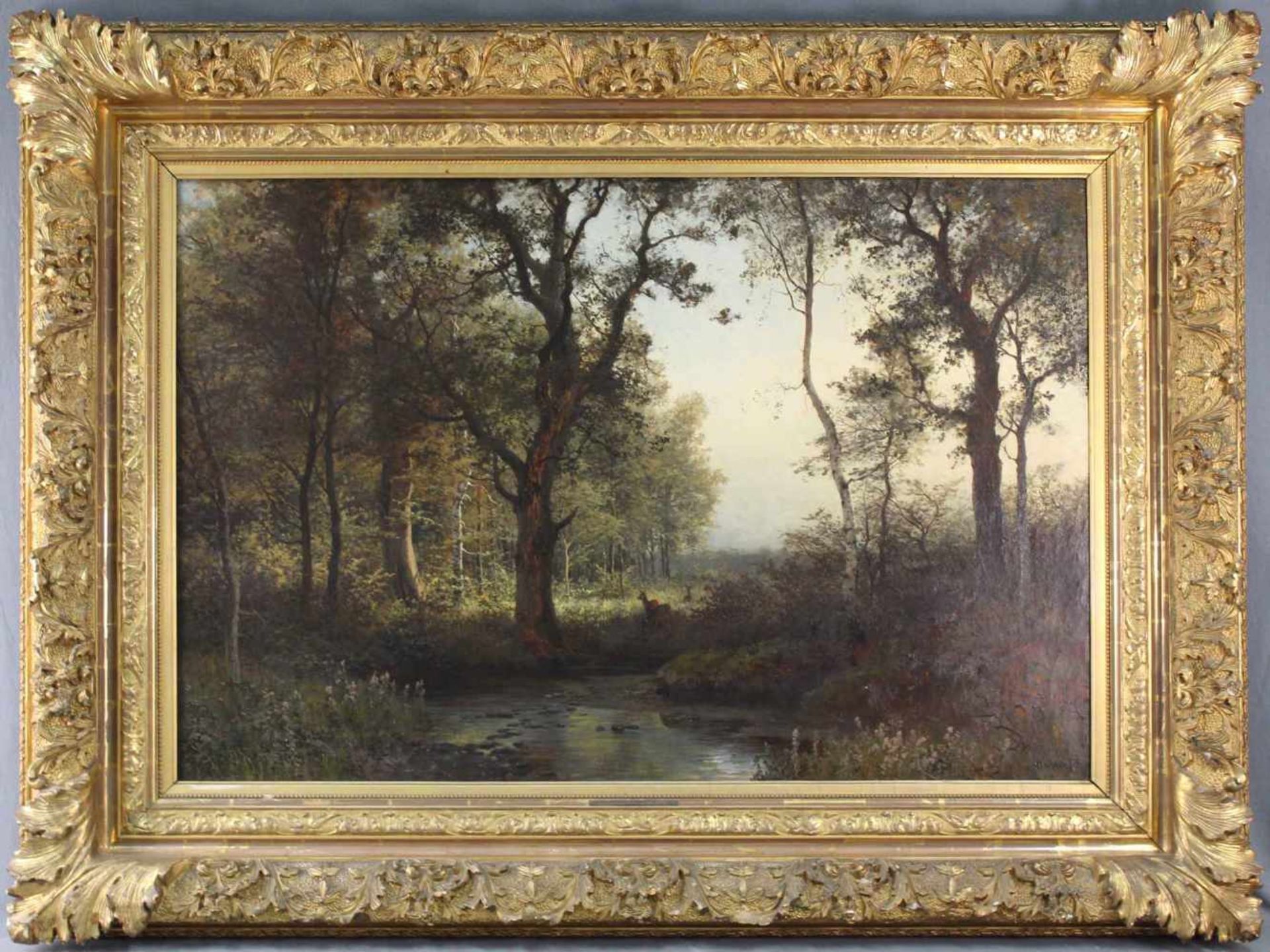 Heinrich DEITERS (1840 - 1916). Rehe am Waldbach in der Dämmerung 1896.94 cm x 65 cm. Gemälde. Öl - Bild 2 aus 7