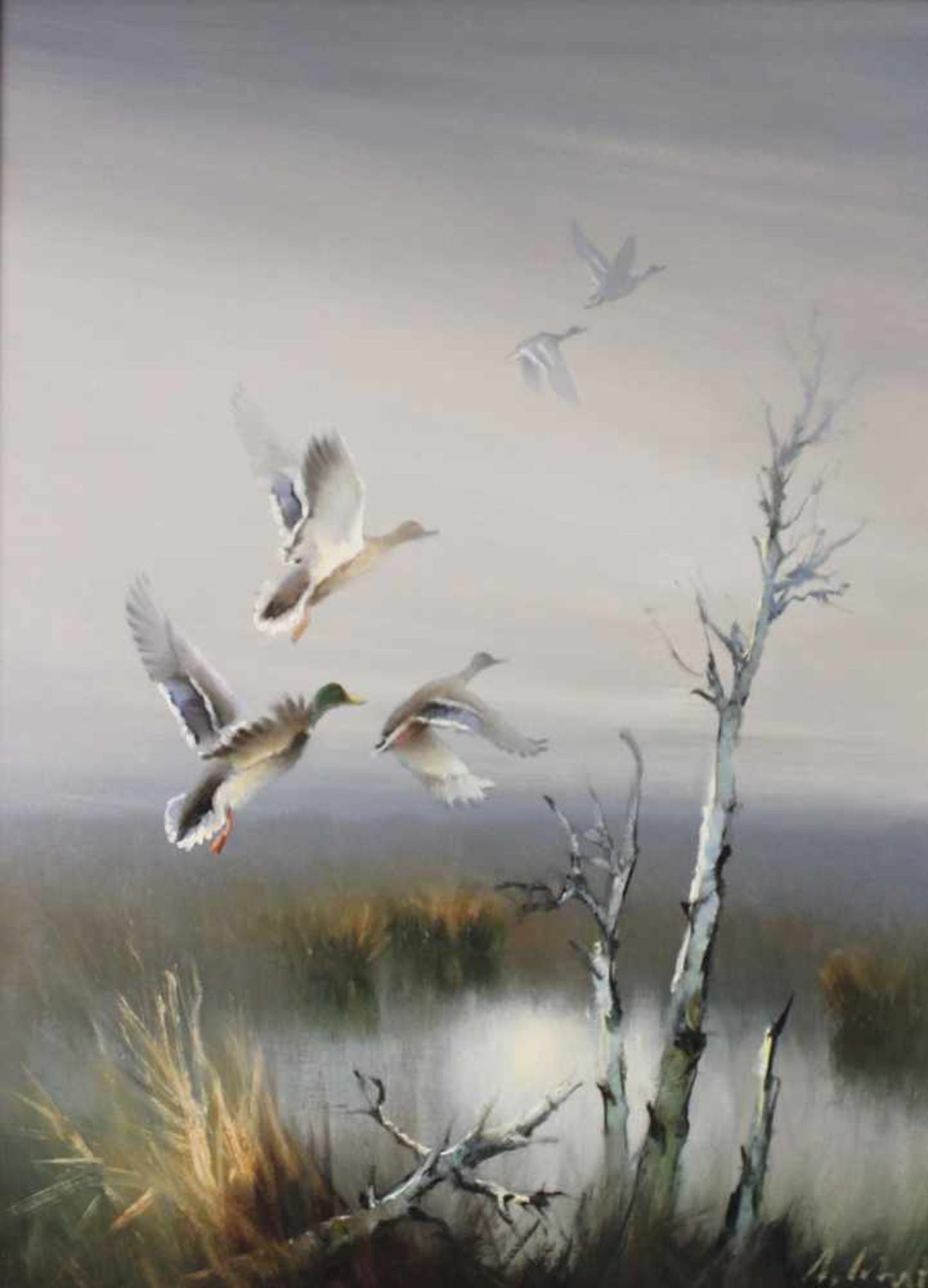 Arnold SCHATZ (1929 - c.1999). "Aufsteigende Enten"80 cm x 70 cm. Gemälde. Öl auf Leinwand. Rechts