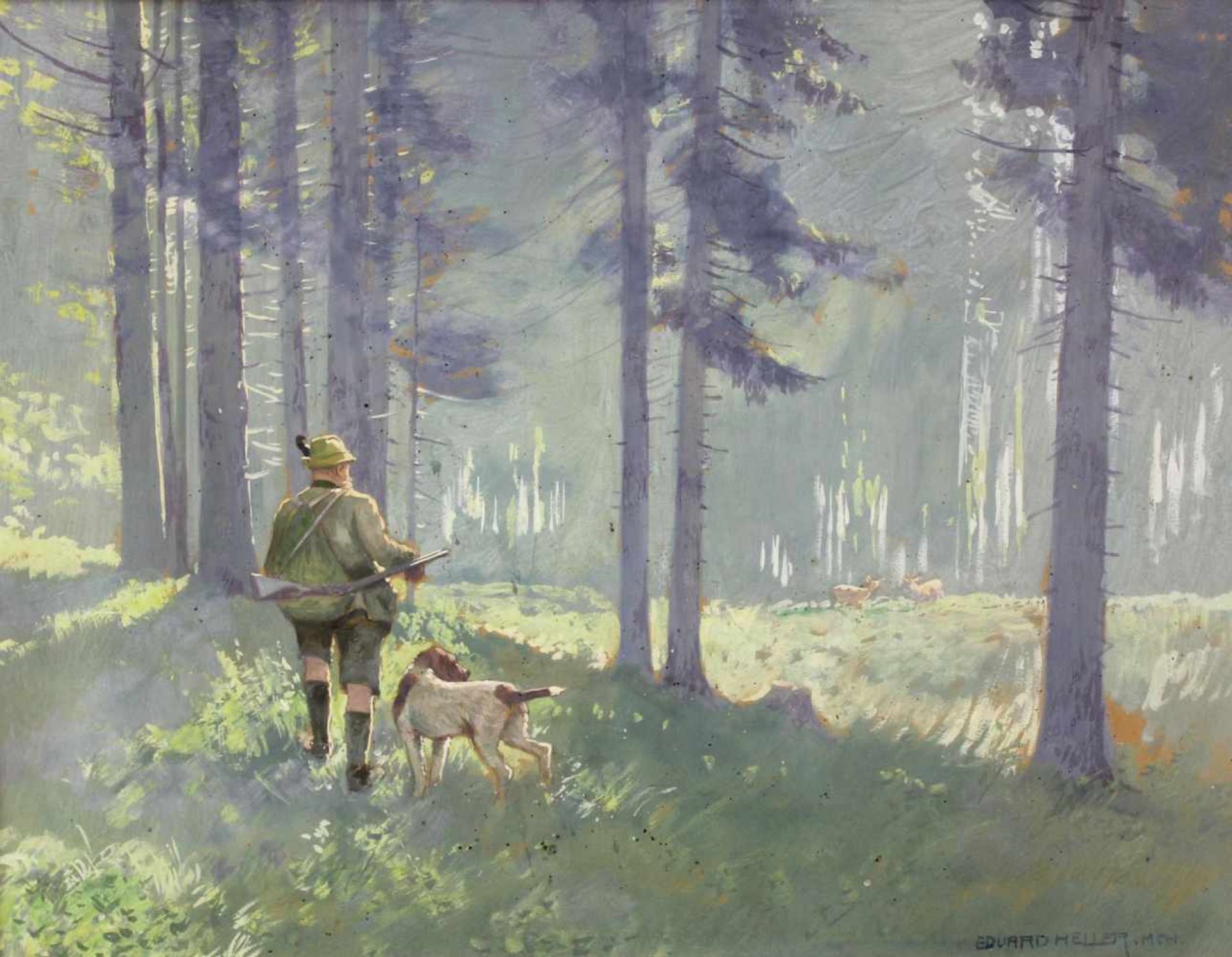Eduard HELLER (1852 - ?). Jagd. Jäger mit Münsterländer.40 cm x 52,5 cm. Gouache gemalt teils weiß