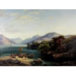 UNDEUTLICH SIGNIERT (XIX). Der Rhein datiert "1857".95 cm x 126 cm. Gemälde. Öl auf Leinwand. Rechts