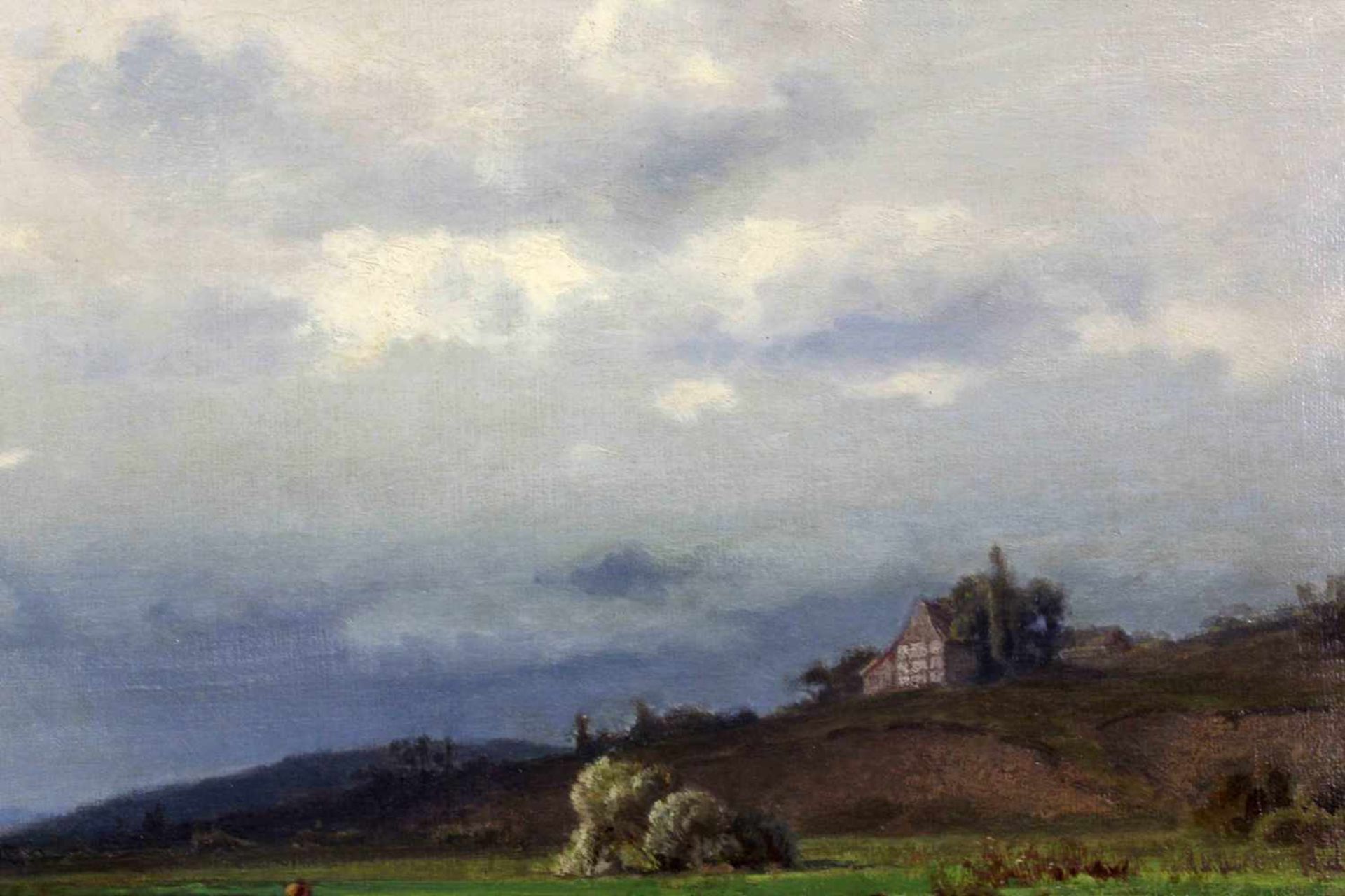 Max SCHMIDT (1818 - 1901). "Am Weiher"45 cm x 64 cm. Gemälde. Öl auf Leinwand. Verso Aufkleber. - Bild 5 aus 8
