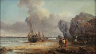 John WILSON (XIX - XX). Löschen der Ladung. Am Strand.18 cm x 30 cm. Gemälde. Öl auf Holz. Verso