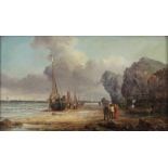 John WILSON (XIX - XX). Löschen der Ladung. Am Strand.18 cm x 30 cm. Gemälde. Öl auf Holz. Verso