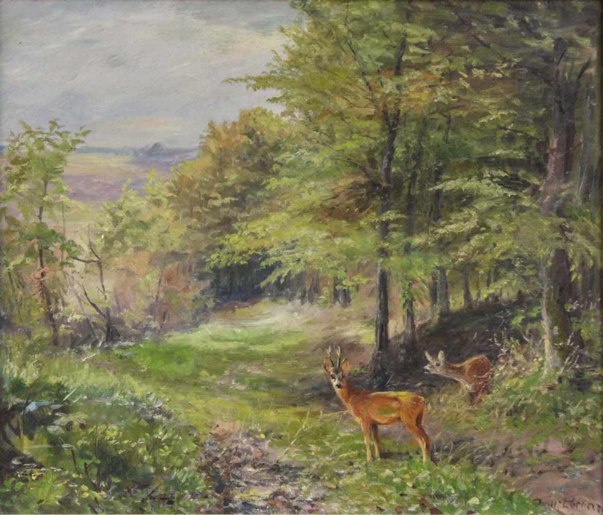 Willy LORENZ (1901 -1981). Rehwild im Sommerwald.60 cm x 70 cm. Gemälde. Öl auf Leinwand. Rechts