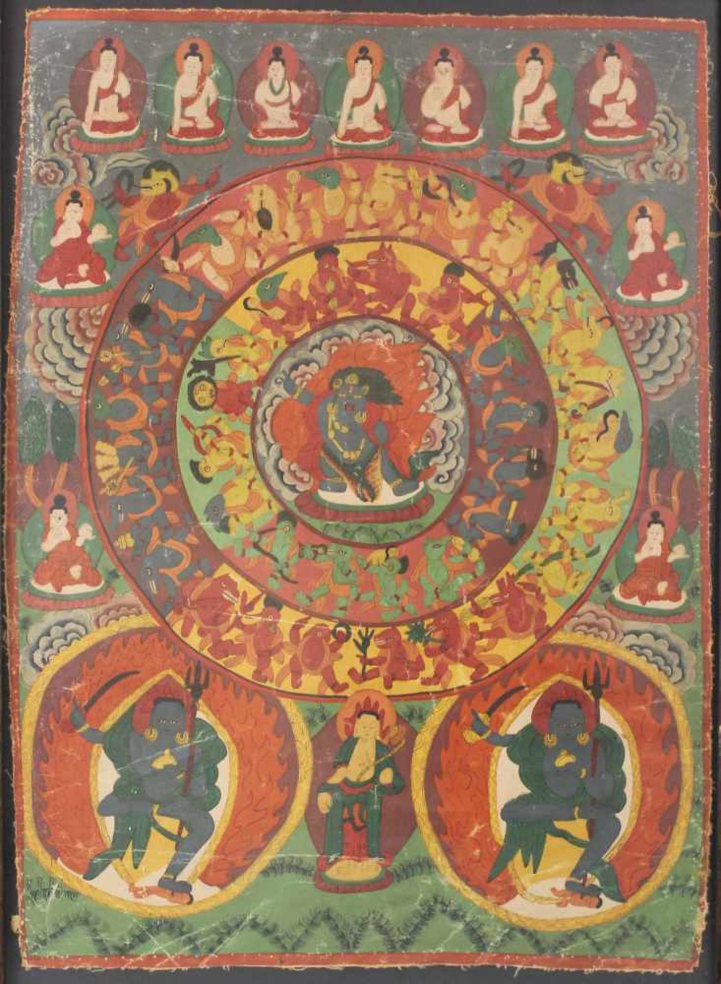 Thangka, mit Lebensrad. Asien.71 cm x 51 cm mit Rahmen gemessen.Thangka, with Wheel of Life. Asia.71