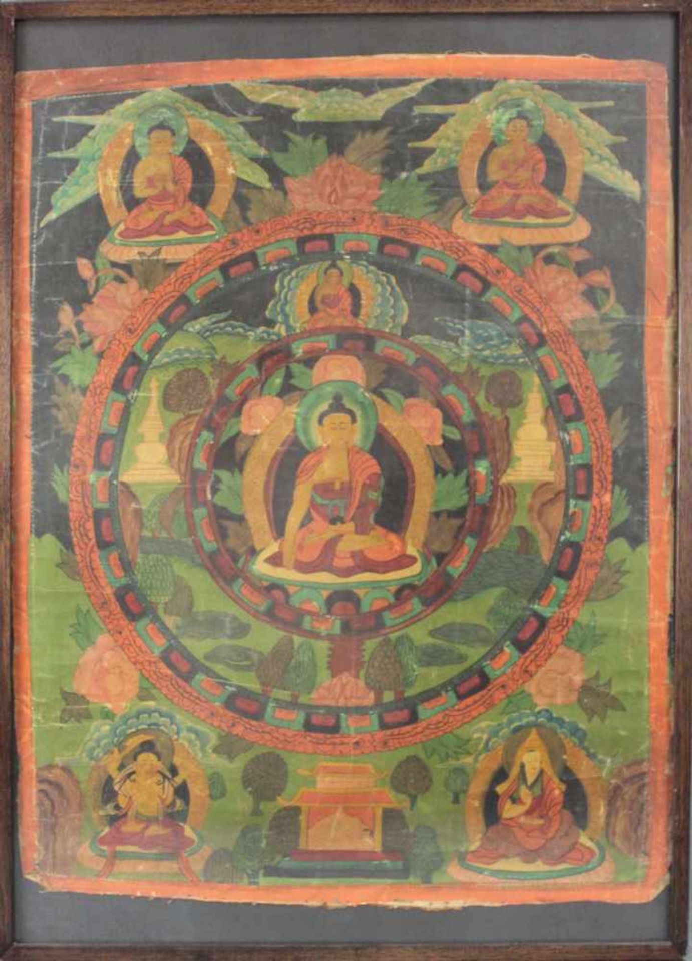 Thangka, mit grüner Tara im Lotussitz. Asien.71 cm x 51 cm mit Rahmen gemessen.Thangka, with green - Image 2 of 7