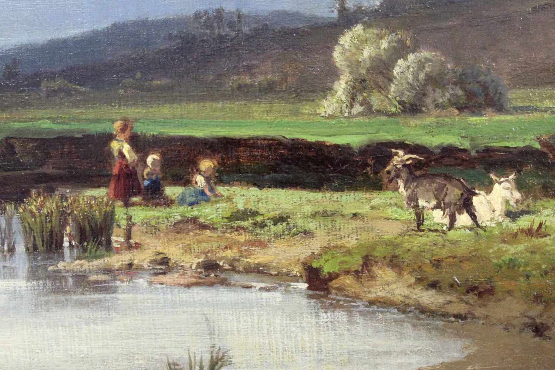 Max SCHMIDT (1818 - 1901). "Am Weiher"45 cm x 64 cm. Gemälde. Öl auf Leinwand. Verso Aufkleber. - Bild 4 aus 8