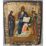 Ikone. Wohl Russland. Alt.31 cm x 26,5 cm. Jesus mit der Heiligen Schrift. Flankiert wohl von