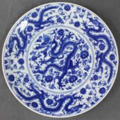 China. Blau - Weiß Porzellan. Platte mit Drachen.Durchmesser 40 cm.China. Blue - White Porcelain.