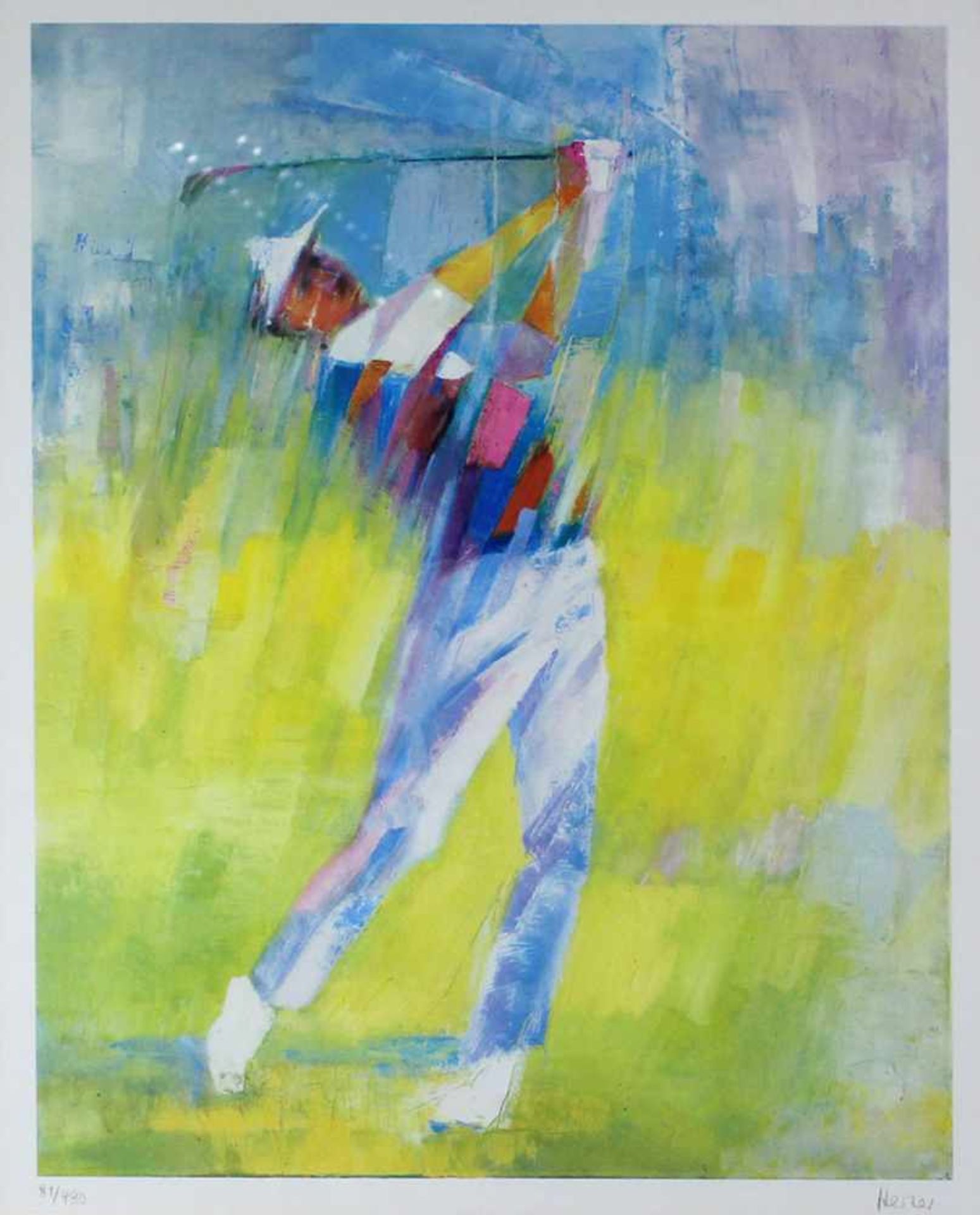 HERZER (XX). Golf. Golfspieler, Durchschwung.60 cm x 47 cm die Abbildung. Farblithographie. Rechts