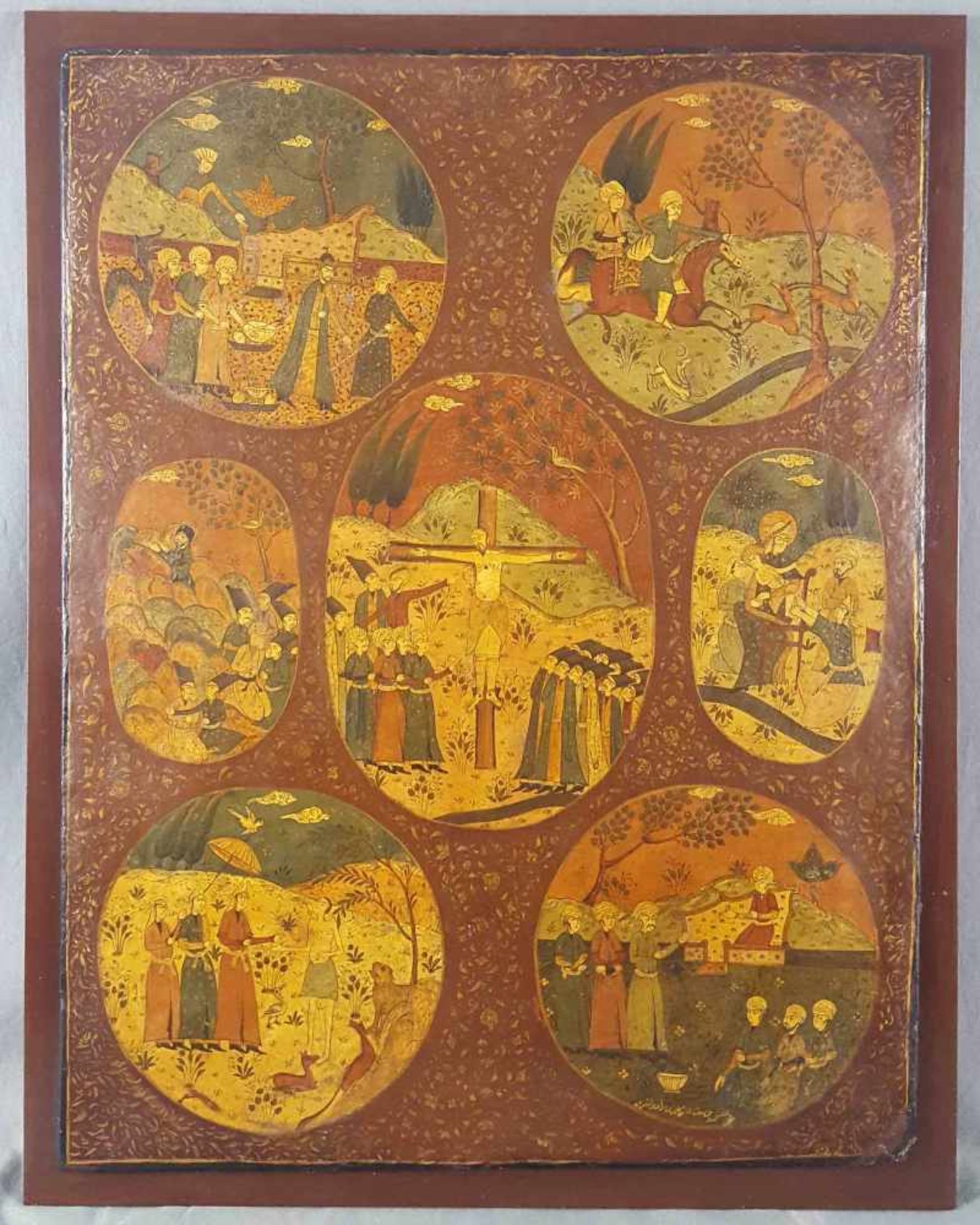 Darstellung verschiedener Religionen. Gemälde.58 cm x 45 cm. Wohl Quadjar persisch, 19. Jahrhundert.