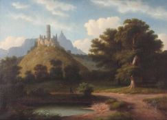 Walther WÜNNENBERG (1818 - c.1900). Burg über einem Fluss.50 cm x 66 cm. Gemälde. Öl auf Leinwand.