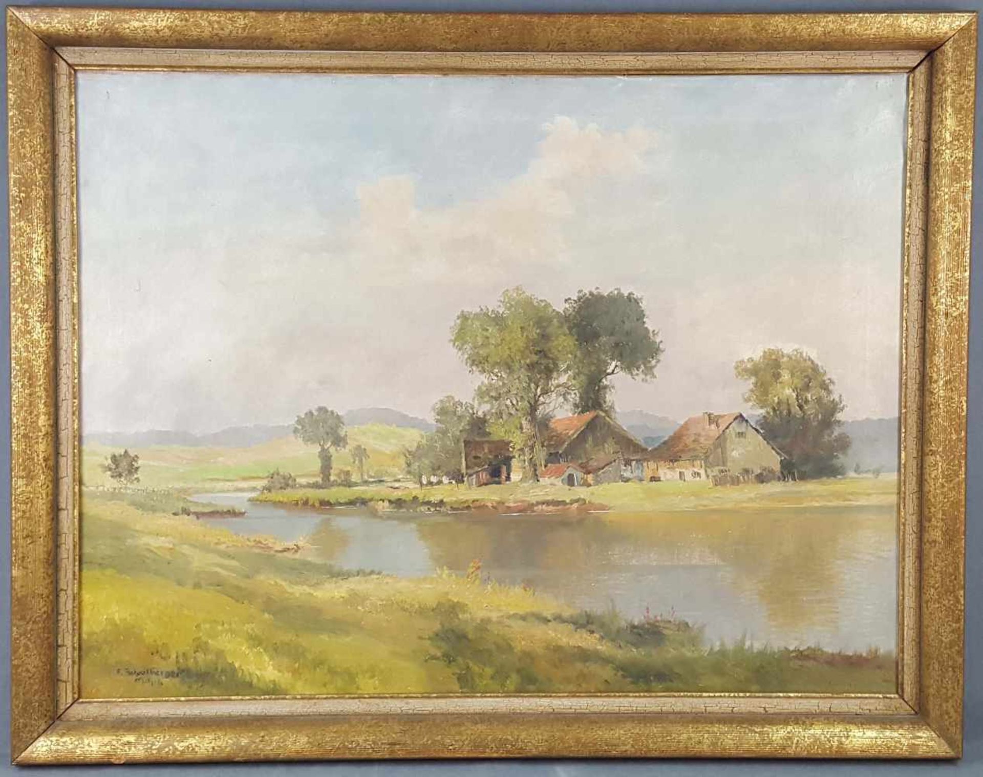 F. SCHROTBERGER (XX). "Bei Fürstenfeldbruck".60 cm x 80 cm. Gemälde. Öl auf Leinwand. Links unten - Bild 7 aus 7