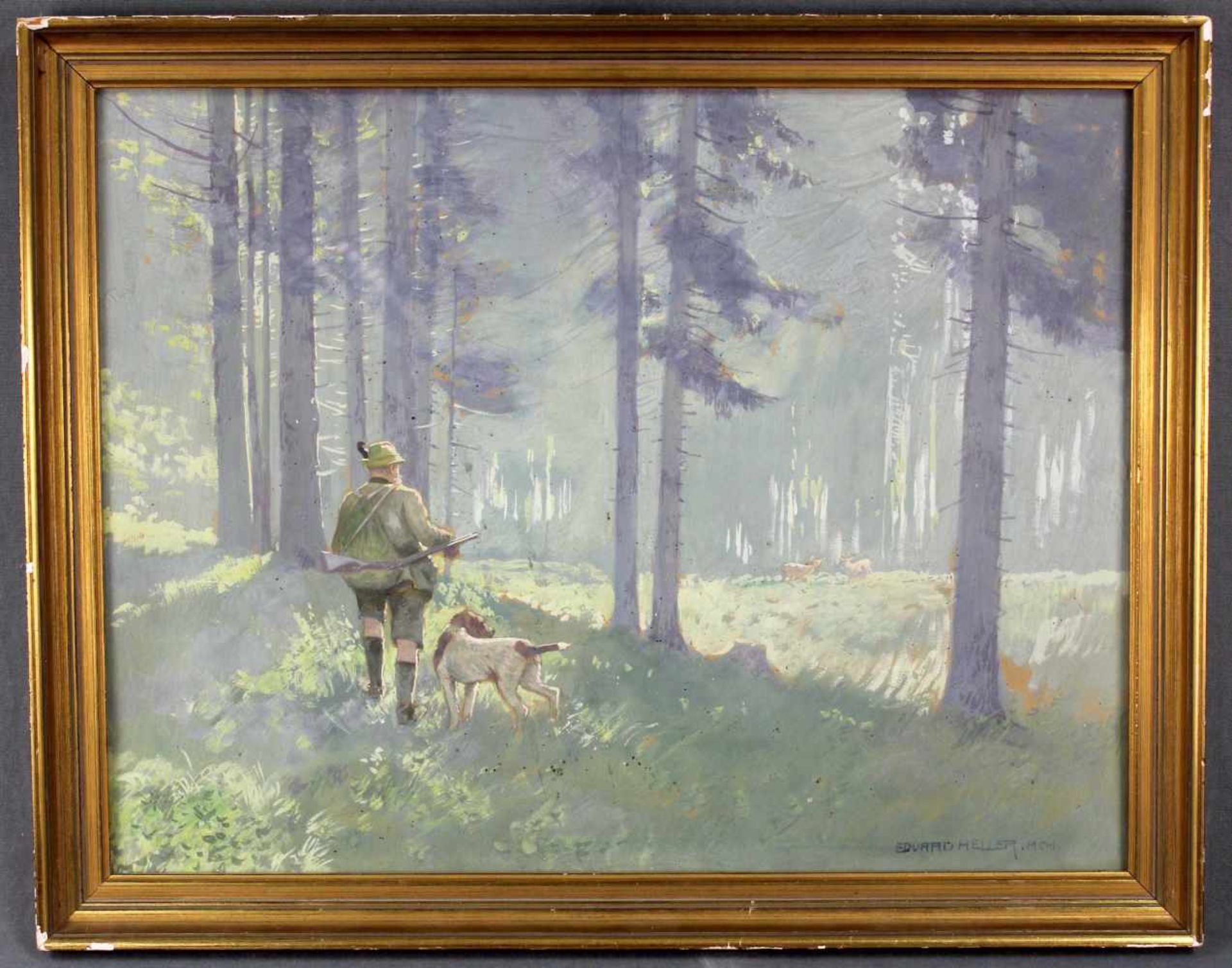 Eduard HELLER (1852 - ?). Jagd. Jäger mit Münsterländer.40 cm x 52,5 cm. Gouache gemalt teils weiß - Image 2 of 6