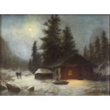 Gustav HAUSMANN (1827 - 1899). Nocturno.30 cm x 42 cm. 2 Jäger vor Jagdhütte im Schnee. Gemälde.