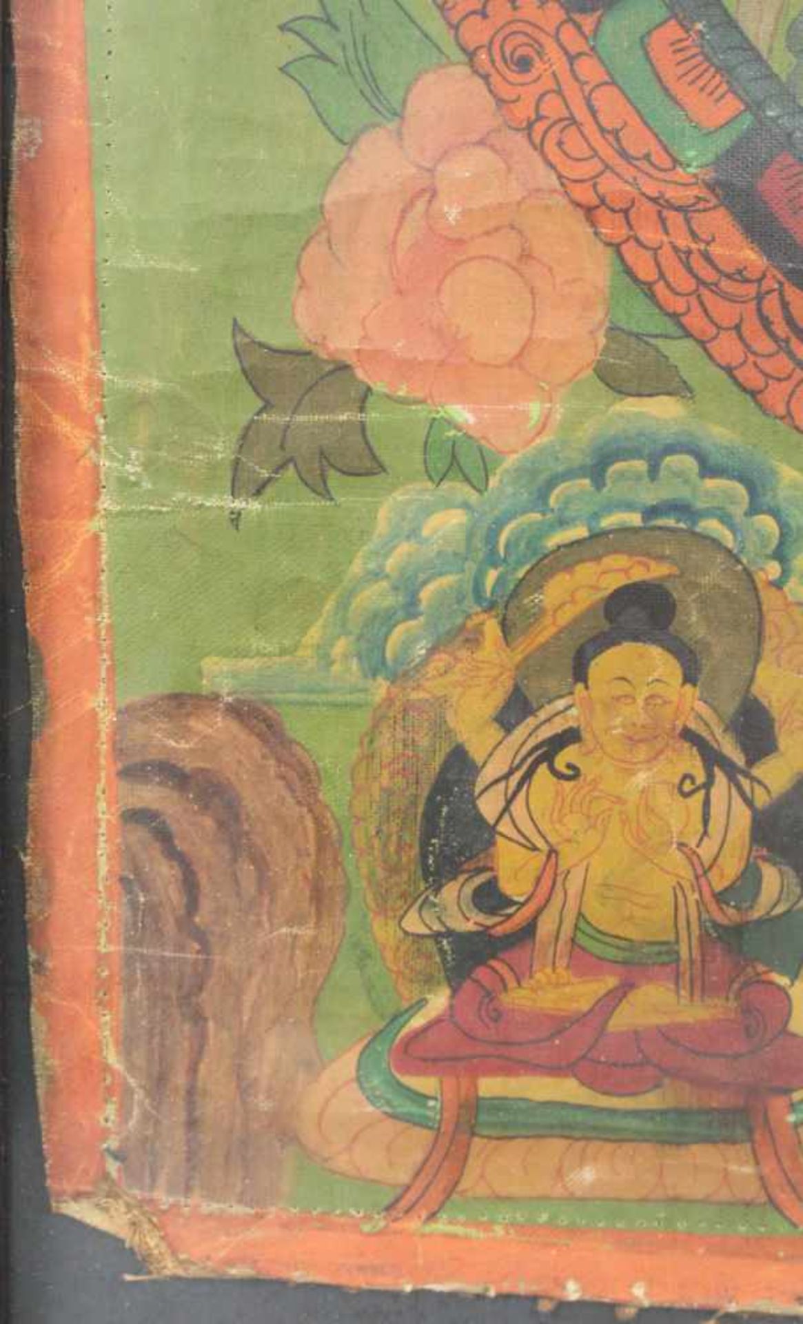 Thangka, mit grüner Tara im Lotussitz. Asien.71 cm x 51 cm mit Rahmen gemessen.Thangka, with green - Image 6 of 7