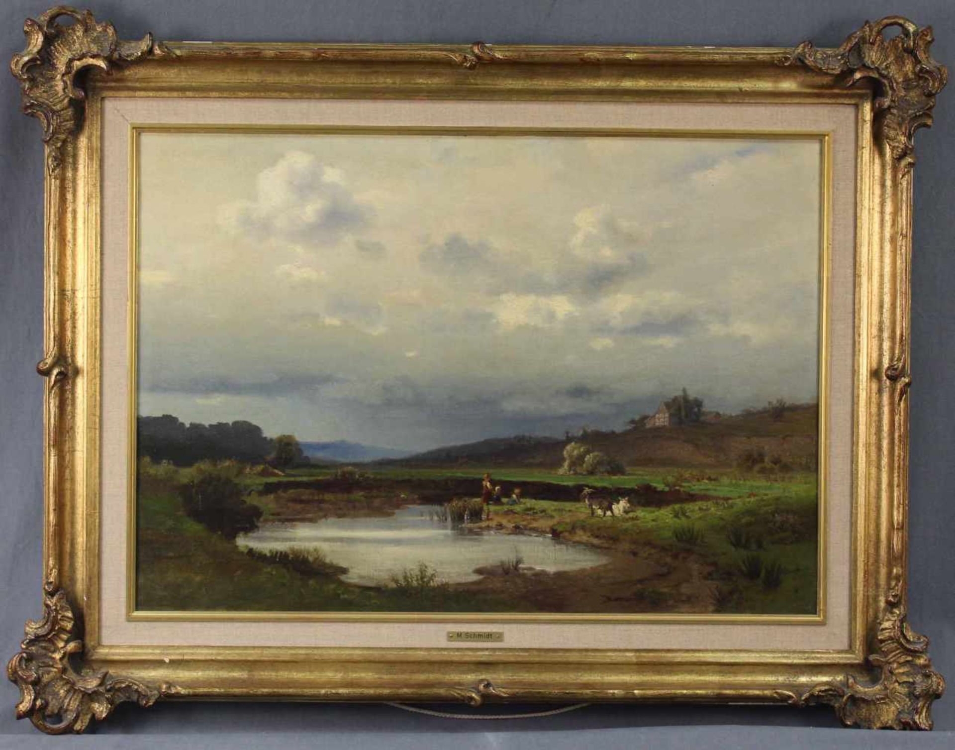 Max SCHMIDT (1818 - 1901). "Am Weiher"45 cm x 64 cm. Gemälde. Öl auf Leinwand. Verso Aufkleber. - Bild 2 aus 8