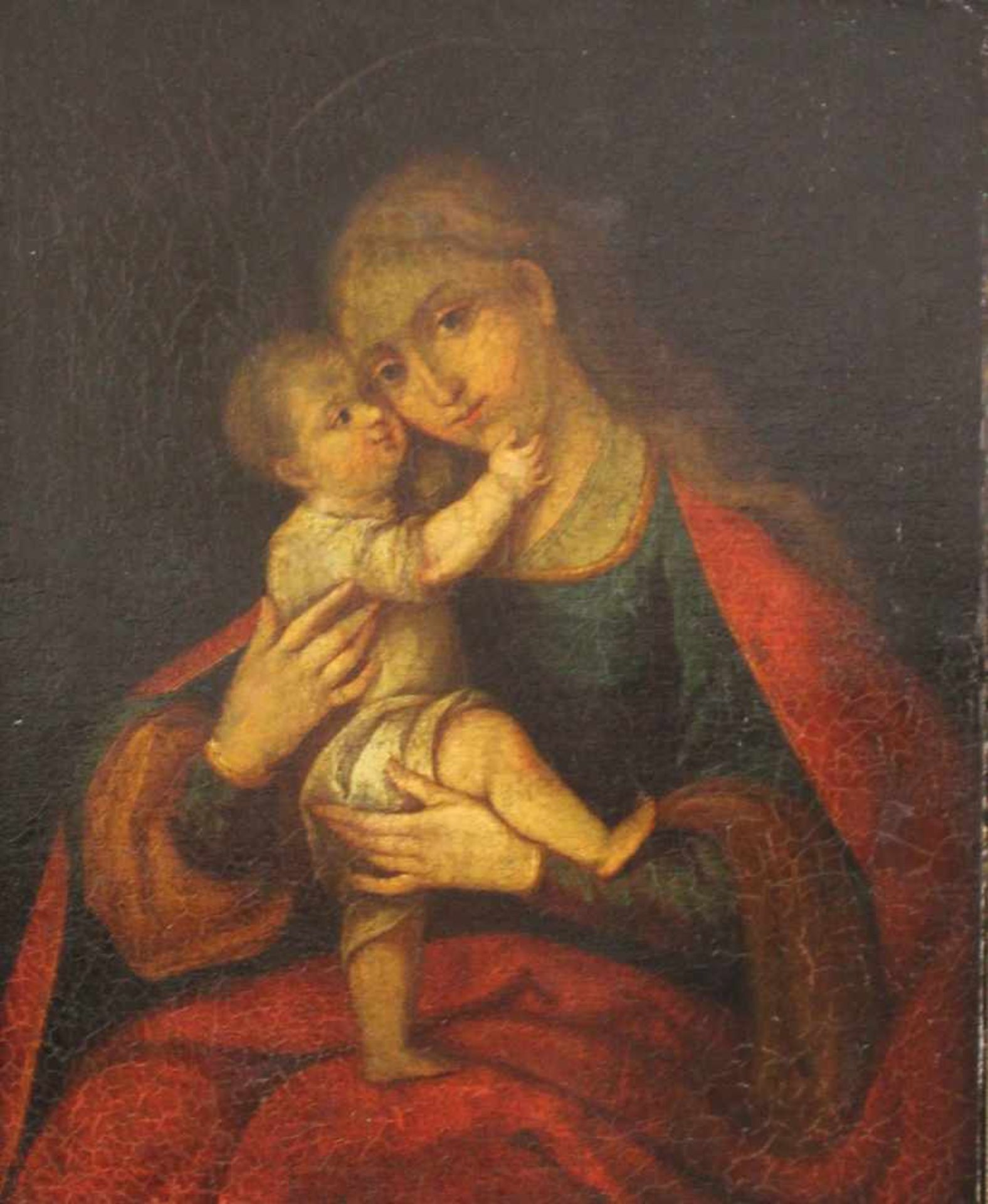 UNSIGNIERT (XVIII). Maria mit Jesus.66 cm x 54 cm. Öl auf Leinwand, u. a. doubliert. Keine