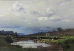 Max SCHMIDT (1818 - 1901). "Am Weiher"45 cm x 64 cm. Gemälde. Öl auf Leinwand. Verso Aufkleber.