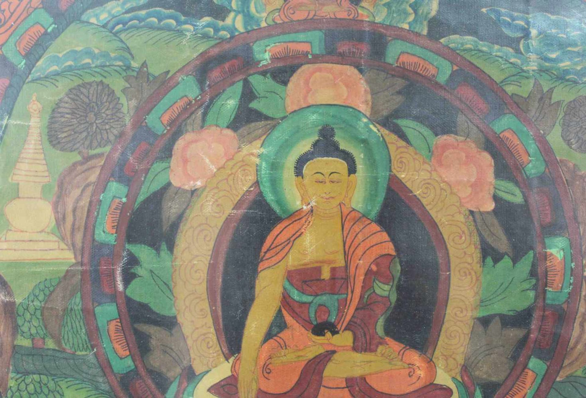 Thangka, mit grüner Tara im Lotussitz. Asien.71 cm x 51 cm mit Rahmen gemessen.Thangka, with green - Image 5 of 7