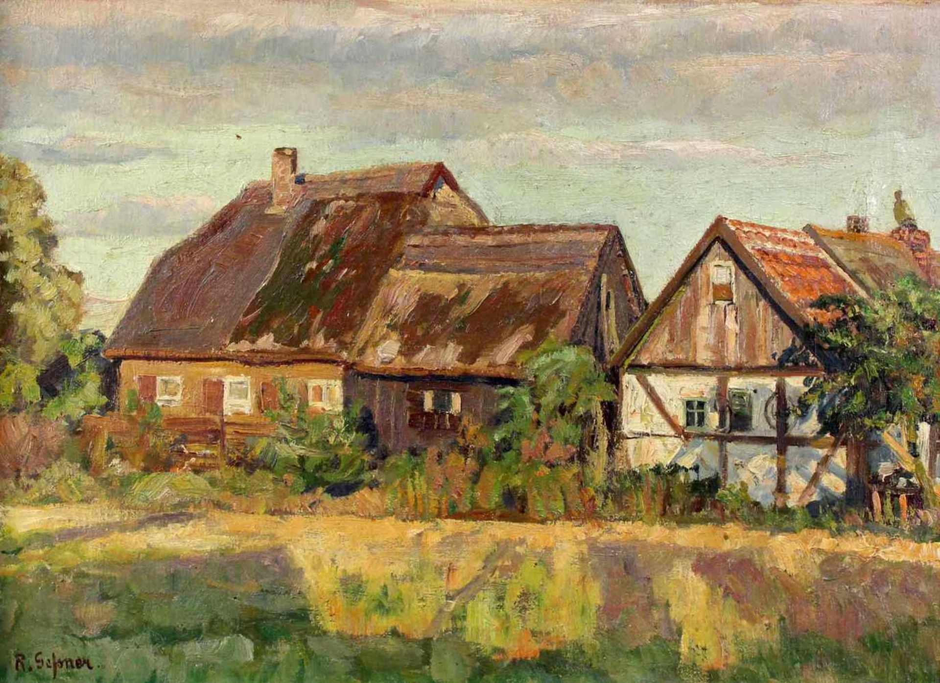 Richard GESSNER (1894 - 1989). Bauernhäuser in Sommerlandschaft.44 cm x 60 cm. Gemälde. Öl auf