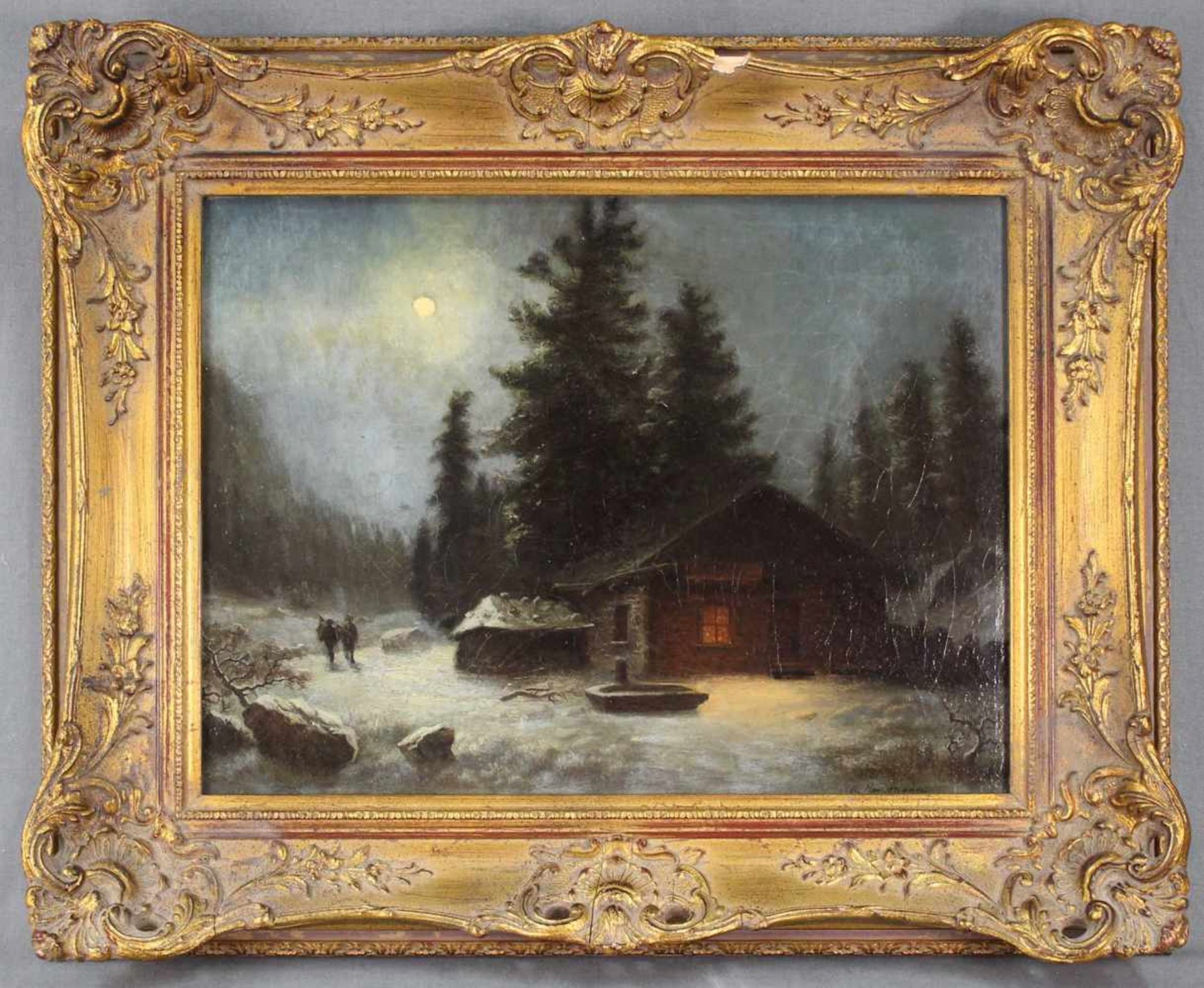 Gustav HAUSMANN (1827 - 1899). Nocturno.30 cm x 42 cm. 2 Jäger vor Jagdhütte im Schnee. Gemälde. - Image 2 of 7