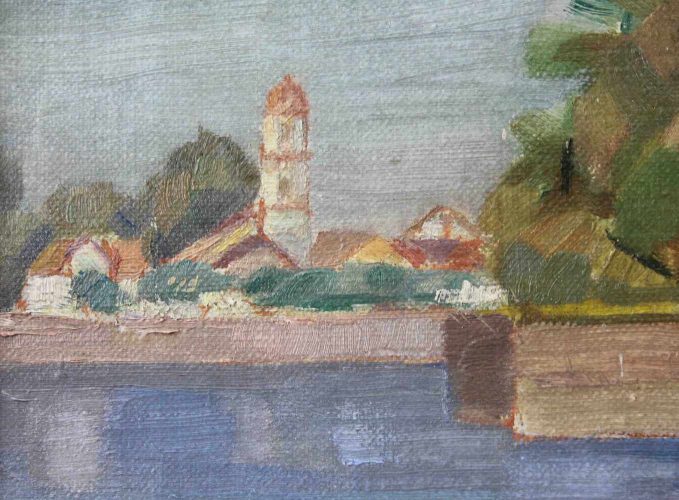 August WEDEL (1885 - 1953). Ufer vor der Stadt. (19)29.51cm x 61 cm. Gemälde. Öl auf Leinwand. - Image 3 of 8