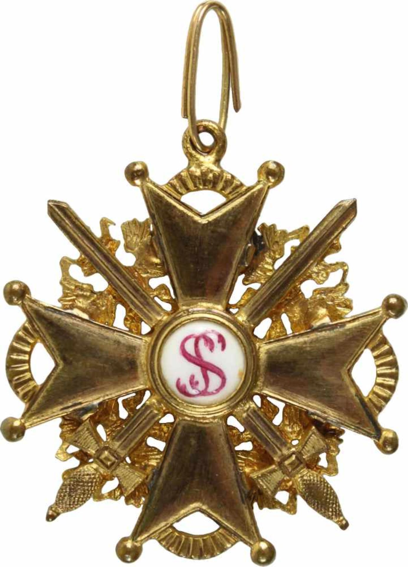 St. Stanislaus-Orden,Kreuz 3. Klasse mit Schwertern. Kreuz Bronze vergoldet und emailliert, 38mm. - Bild 2 aus 2