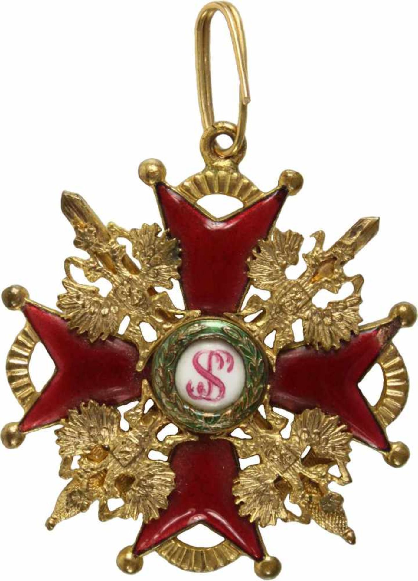 St. Stanislaus-Orden,Kreuz 3. Klasse mit Schwertern. Kreuz Bronze vergoldet und emailliert, 38mm.