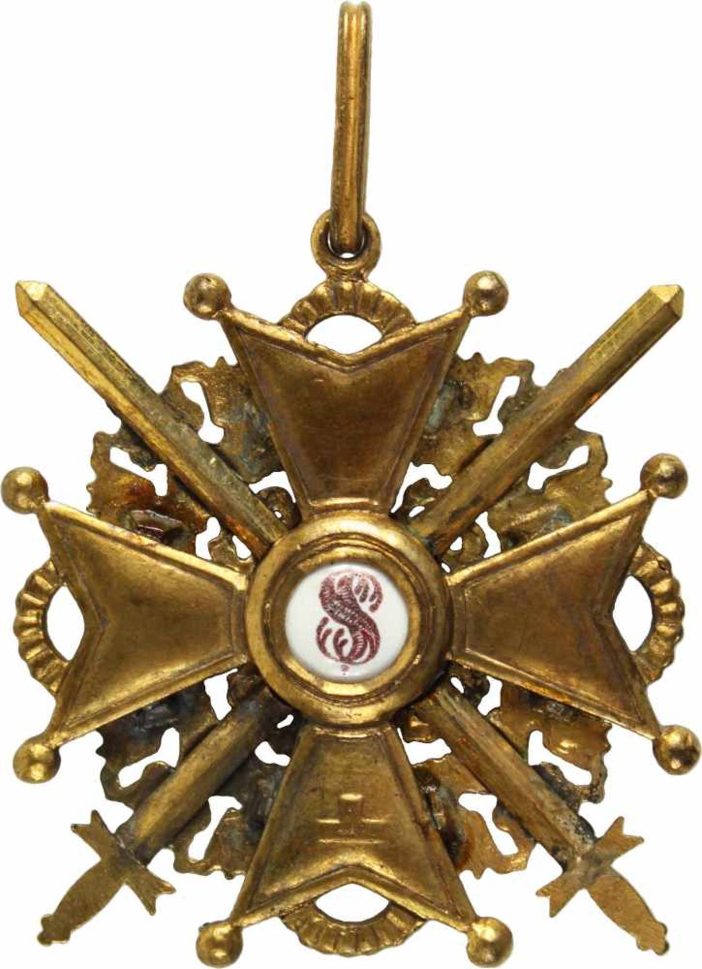 St. Stanislaus-Orden,Kreuz 2. Klasse mit Schwertern. Kreuz Bronze vergoldet und emailliert, 48mm, - Bild 2 aus 2