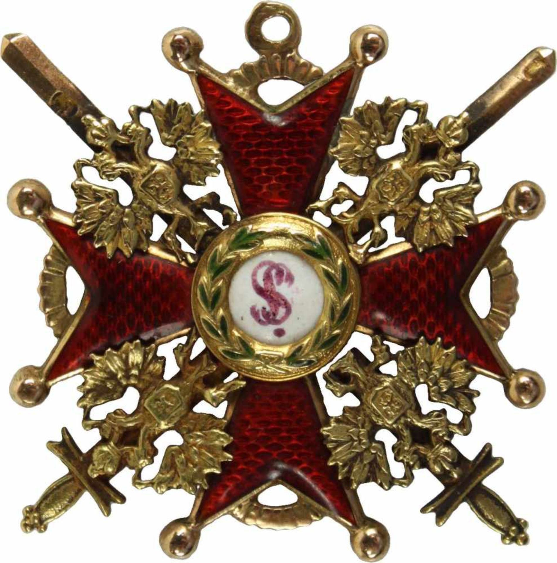 St. Stanislaus-Orden,Kreuz 3. Klasse mit Schwertern. Kreuz Gold emailliert, 40mm, die Bandöse