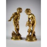 Allegorie auf "Feuer und Wasser". Paar Bronzefiguren von Louis Auguste Moreau (1834-1917), um