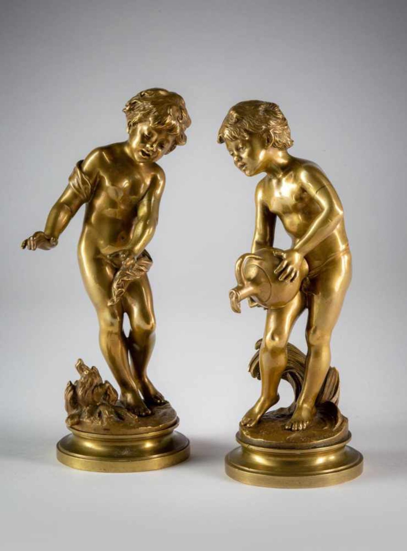 Allegorie auf "Feuer und Wasser". Paar Bronzefiguren von Louis Auguste Moreau (1834-1917), um
