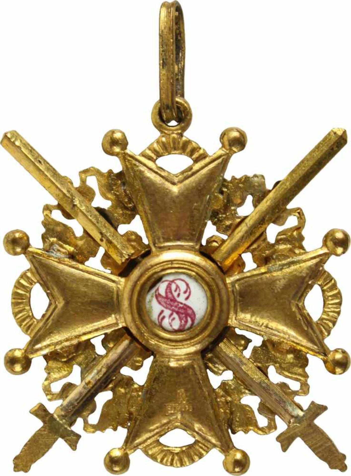 St. Stanislaus-Orden,Kreuz 3. Klasse mit Schwertern. Kreuz Bronze vergoldet und emailliert, 38mm, - Bild 2 aus 2