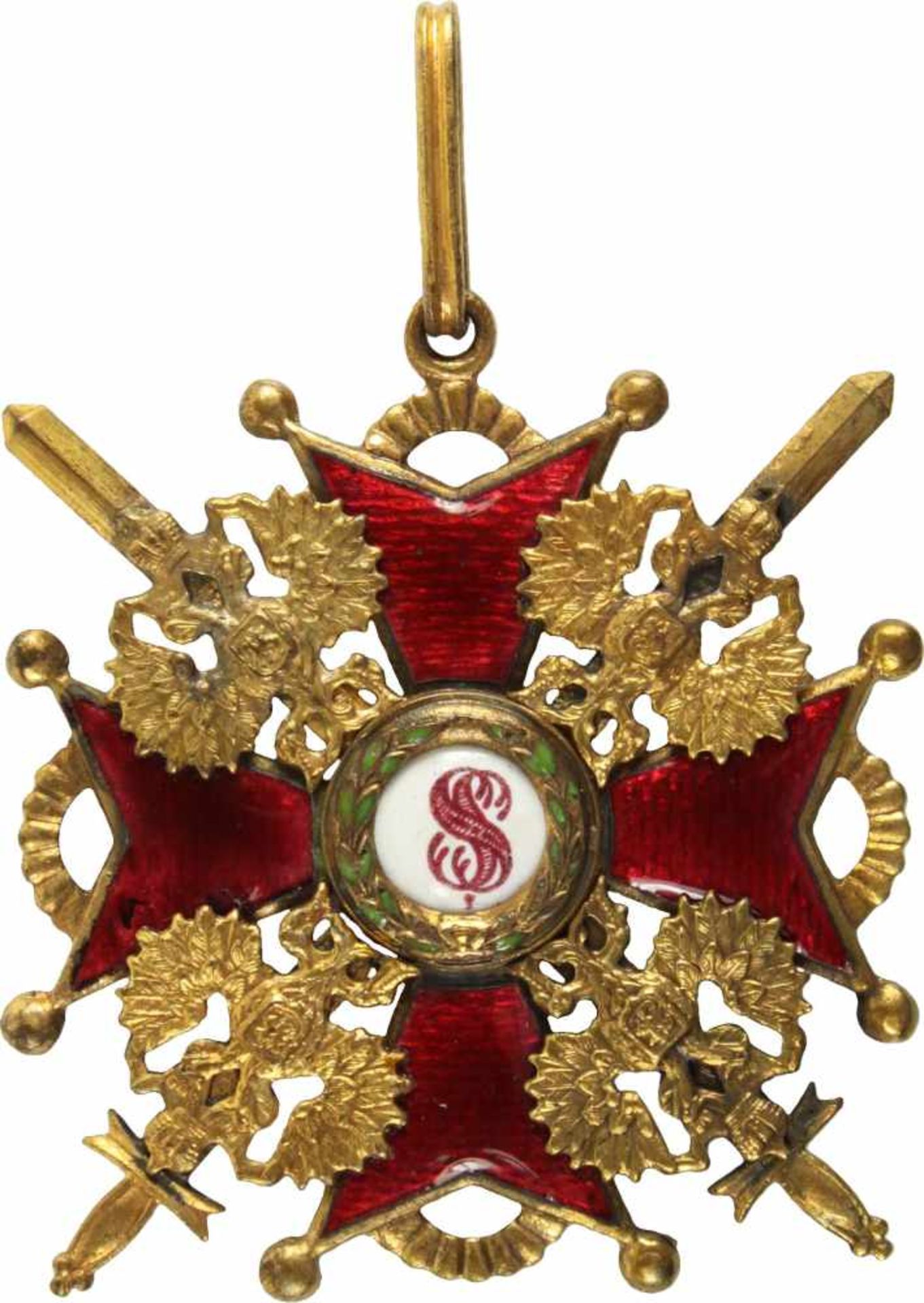 St. Stanislaus-Orden,Kreuz 2. Klasse mit Schwertern. Kreuz Bronze vergoldet und emailliert, 48mm,