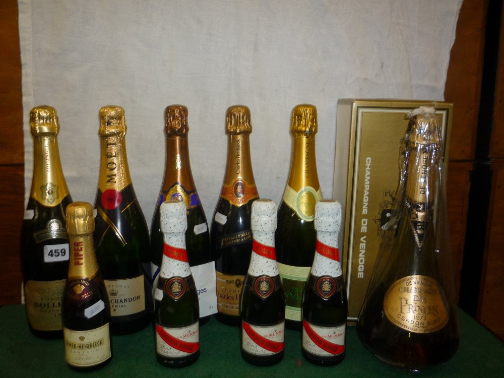 Six bottles of Champagne: Venoge Champagne des Princes 1973 Cordon Bleu, in decanter bottle with