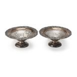A PAIR OF SILVER-PLATED CAKESTANDS, LONDON 19TH CENTURY basin pierced to net and edges with branches