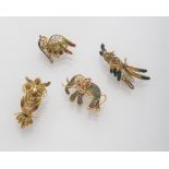 FOUR BROOCHES, '40S in silver crafted in filigree and enamels shaped to elephant, owl, parrot and