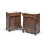 BEAUTIFUL PAIR OF BEDSIDES IN WALNUT, CENTRAL ITALY EMPIRE PERIOD with tops in white marble and