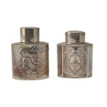 TWO FLASKS IN SILVER, PUNCHES SHEFFIELD AND LONDON 1904/1898 engraved with coat of arms and floral
