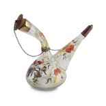 Glass ALEMBIC, 20TH CENTURY painted with floral motifs and playing children. Measures cm. 27 x 14