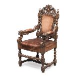 Armchair NEORINASCIMENTALE In Walnut, 19TH CENTURY with sculpted back to winged griffons, leaves and