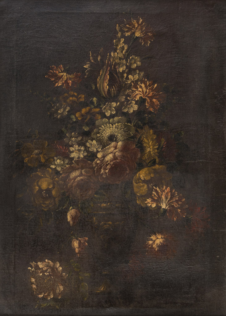 TUSCAN PAINTER, 19TH CENTURY Composition of flowers in embossed vase Oil on canvas, cm. 74 x 51