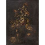 TUSCAN PAINTER, 19TH CENTURY Composition of flowers in embossed vase Oil on canvas, cm. 74 x 51