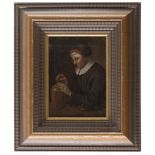 DUTCH PAINTER, 18TH CENTURY The pourer. Oil on canvas, cm. 24 x 18. Frame in wood dyed to walnut