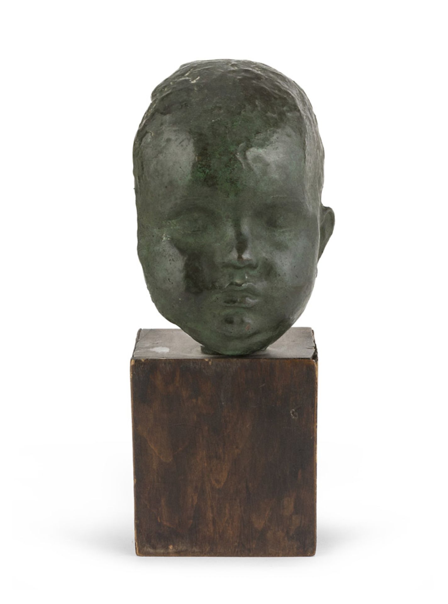 UNKNOWN SCULPTOR, EARLY 20TH CENTURY FACE OF A CHILD Green patina bronze, cm. 19 x 11 x 9 Base in