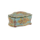 BOX IN LACQUERED WOOD, VENICE 18TH CENTURY light blue lacquered, painted with yellow and red